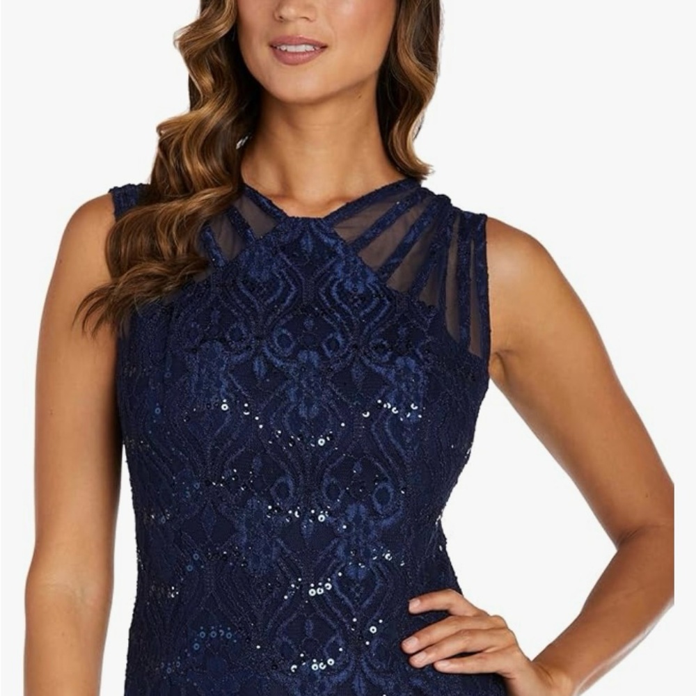 R & M Richards Blue Sequin Halter Gown - Picture 4 of 11